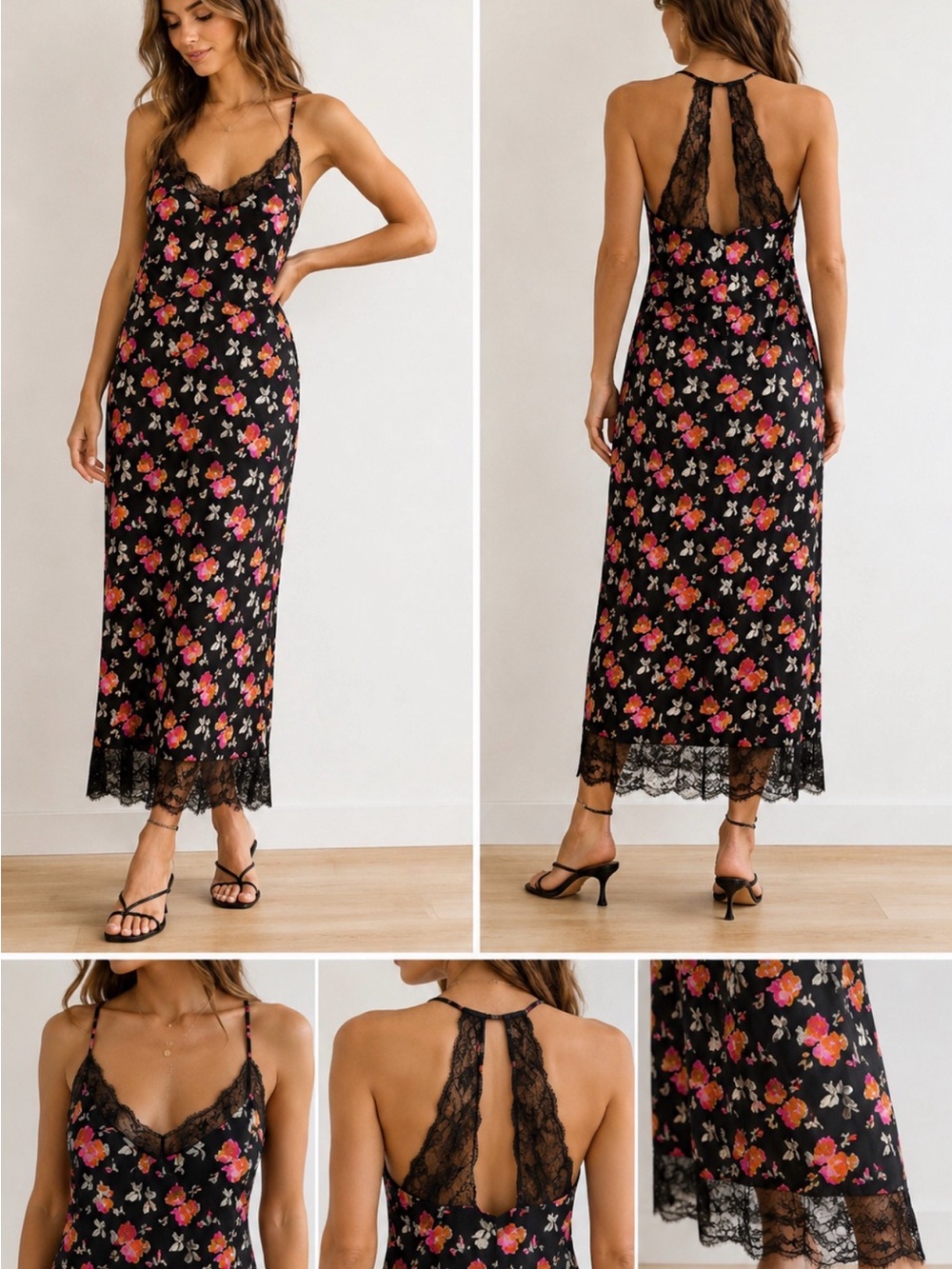 Zara Collection Floral Lace Trim Slip Dress Black Midi Size M Boho Romantic